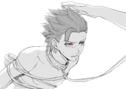 Rule 34 | 1boy, 1other, bad id, bad pixiv id, camus (dq11), clenched teeth, collar, commentary request, dragon quest, earrings, hand on another&#039;s head, jewelry, leash, male focus, mondi hl, red eyes, restrained, simple background, solo, spiked hair, spot color, sweat, teeth, topless male, white background