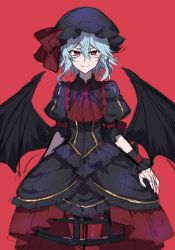 Rule 34 | 1girl, alternate costume, ascot, bat wings, black dress, black hat, blue hair, closed mouth, cowboy shot, dress, hair between eyes, hat, highres, himadera, looking at viewer, mob cap, puffy short sleeves, puffy sleeves, red ascot, red background, red eyes, remilia scarlet, short hair, short sleeves, simple background, sketch, smile, solo, standing, touhou, wings