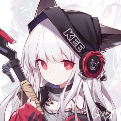 Rule 34 | 1girl, animal ears, arknights, detached sleeves, earphones, ears through headwear, frostleaf (arknights), grey shirt, holding, holding weapon, hood, jacket, long hair, long sleeves, looking at viewer, material growth, off shoulder, oripathy lesion (arknights), portrait, quan (kurisu tina), red eyes, red jacket, shirt, solo, upper body, weapon, white hair, wolf ears