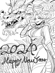 Rule 34 | 1girl, 2024, artist self-insert, breasts, chinese zodiac, cleavage, dragon, dragon girl, dragon horns, dragon tail, earrings, eastern dragon, facial mark, fangs, gegegekman, happy new year, highres, horns, jewelry, large breasts, long hair, looking at viewer, monochrome, new year, open mouth, original, pelvic curtain, pointy ears, scales, slit pupils, smile, tail, thumbs up, white background, year of the dragon
