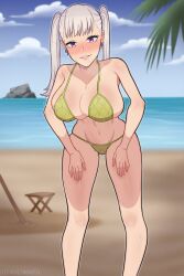 Rule 34 | 1girl, absurdres, artist name, beach, bikini, black clover, blush, breasts, cleavage, defaultwaifu, female focus, highres, large breasts, looking at viewer, noelle silva, outdoors, purple eyes, silver hair, smile, source request, sweat, swimsuit, text focus, thick thighs, thighs, twintails