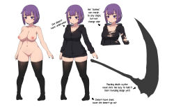 Rule 34 | 1girl, :o, absurdres, bad id, bad pixiv id, black hoodie, black nails, black thighhighs, blush, breasts, censored, character profile, character sheet, cleavage, cleft of venus, commentary, english commentary, english text, facial mark, from behind, full body, heart, heart-shaped pupils, highres, hood, hoodie, kamuo, large breasts, long sleeves, mosaic censoring, multiple views, nail polish, naked hoodie, nipples, no bra, nude, original, puffy nipples, purple eyes, purple hair, pussy, simple background, standing, symbol-shaped pupils, text focus, thighhighs, torn clothes, torn hoodie, vel (kamuo), white background, wide hips
