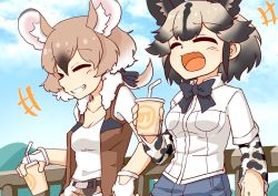 Rule 34 | +++, 2girls, 370ml, african wild dog (kemono friends), african wild dog print, animal ears, bad id, bad twitter id, bomber jacket, bow, bowtie, brown hair, camouflage, camouflage pants, closed eyes, collared shirt, commentary request, cup, denim, denim shorts, dog ears, dog girl, extra ears, fang, fingerless gloves, fur collar, gambian rat (kemono friends), gloves, hair between eyes, hair bow, jacket, japari symbol, kemono friends, light brown hair, long sleeves, mouse ears, mouse tail, multicolored hair, multiple girls, open mouth, pants, print sleeves, shirt, short hair, short shorts, short sleeves, shorts, sleeveless, t-shirt, tail, white fur, white gloves, white hair