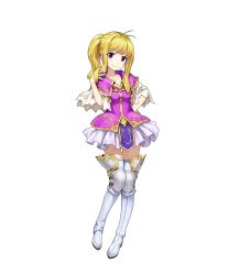 Rule 34 | 1girl, amagai tarou, blonde hair, boots, clarine, fire emblem, fire emblem: the binding blade, fire emblem heroes, full body, highres, long hair, looking at viewer, miniskirt, nintendo, official art, pleated skirt, ponytail, purple eyes, skirt, smile, solo, standing, thigh boots, thighhighs, transparent background, white footwear, white thighhighs, zettai ryouiki