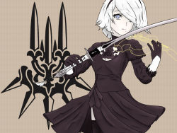 Rule 34 | 1girl, :|, absurdres, black dress, black hairband, cleavage cutout, closed mouth, clothing cutout, dress, eyebrows hidden by hair, feather-trimmed sleeves, gloves, hairband, highres, instrument, juliet sleeves, katana, long sleeves, mole, mole under mouth, nier (series), nier:automata, no blindfold, puffy sleeves, shippaidayo, sword, thighhighs, violin, weapon, white hair, yorha, 2b (nier:automata)