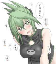 Rule 34 | 1girl, black dress, blush, breasts, china dress, chinese clothes, dress, elf (stroll in the woods), green eyes, green hair, highres, large breasts, looking at viewer, open mouth, panda, shaman king, short hair, simple background, smile, solo, tao jun, white background