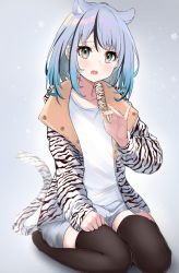 Rule 34 | 1girl, animal ear fluff, animal ears, animal print, black hair, black thighhighs, commentary request, food, green eyes, grey background, grey hair, grey shorts, haru (re ilust), highres, holding, holding food, ice cream, jacket, long sleeves, looking at viewer, multicolored hair, no shoes, open clothes, open jacket, open mouth, original, print jacket, puffy long sleeves, puffy sleeves, seiza, shirt, short shorts, shorts, sitting, solo, streaked hair, tail, thighhighs, tiger ears, tiger girl, tiger print, tiger tail, white shirt