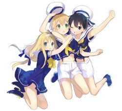 Rule 34 | 1girl, 2boys, :o, ;d, alice zuberg, alternate costume, arm up, black eyes, black hair, blonde hair, blue dress, blue eyes, blue footwear, blue ribbon, blue shirt, blush, clenched hand, collarbone, crop top, dress, eugeo, full body, green eyes, hair ribbon, hairband, hat, high heels, highres, hug, jumping, kirito, long hair, looking at viewer, male focus, midriff, multiple boys, navel, noro (ro no), one eye closed, open mouth, ponytail, ribbon, sailor collar, sailor dress, sailor hat, shirt, shoes, short hair, short shorts, short sleeves, shorts, smile, suspenders, sword art online, sword art online: alicization, twintails, white background, white hairband, white headwear, white shorts