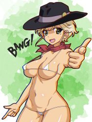 Rule 34 | 1girl, bikini, blonde hair, blush, breasts, cameltoe, cleavage, cleft of venus, collarbone, covered erect nipples, cowboy hat, finger gun, girls und panzer, gogopaint, green eyes, hat, highres, jane (girls und panzer), large breasts, looking at viewer, micro bikini, navel, open mouth, scarf, shiny skin, short hair, simple background, smile, solo, standing, swimsuit, white bikini
