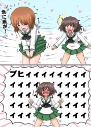 Rule 34 | &gt; &lt;, 2girls, 2koma, :d, ^^^, akiyama yukari, black neckerchief, blank eyes, blouse, blush, brown hair, clenched hands, comic, commentary, female pervert, flying sweatdrops, full-face blush, girls und panzer, green skirt, highres, leaning forward, long sleeves, looking at another, messy hair, miniskirt, motion lines, multiple girls, neckerchief, nishizumi miho, omachi (slabco), ooarai school uniform, open mouth, pervert, pleated skirt, school uniform, serafuku, shirt, short hair, skirt, skirt tug, smile, standing, translated, w arms, white shirt, wide oval eyes, wind, wind lift