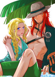 Rule 34 | 1boy, 1girl, blonde hair, blue eyes, blush, breasts, cleavage, fire emblem, fire emblem: the sacred stones, fire emblem heroes, hand on another&#039;s arm, hat, highres, jewelry, joshua (fire emblem), joshua (summer) (fire emblem), looking at viewer, medium breasts, natasha (fire emblem), nintendo, official alternate costume, one-piece swimsuit, open mouth, red eyes, red hair, ring, sitting, smile, straw hat, swimsuit, taguchi (igutiguti)