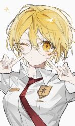 Rule 34 | 1girl, badge, blonde hair, collared shirt, don quixote (project moon), highres, index finger raised, limbus company, long sleeves, looking at viewer, necktie, nong 345, one eye closed, project moon, red necktie, round eyewear, shirt, short hair, sidelocks, simple background, solo, star (symbol), upper body, white background, white shirt, yellow eyes