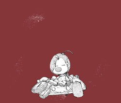 Rule 34 | 1boy, backpack, bag, big nose, closed eyes, commentary request, crosshatching, crystal, gloves, greyscale with colored background, hatching (texture), helmet, louie (pikmin), male focus, nintendo, no mouth, oversized object, pikmin (series), pocket watch, pointy ears, radio antenna, red background, short hair, simple background, sitting, solo, space helmet, spacesuit, usuba (hatomugip), very short hair, watch