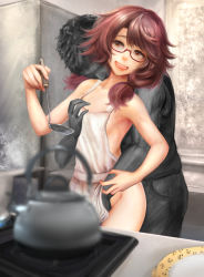 Rule 34 | 1boy, 1girl, apron, bad id, bad pixiv id, blurry, grabbing another&#039;s breast, breasts, brown eyes, brown hair, clothed male nude female, commentary request, commission, cowboy shot, depth of field, faceless, faceless male, glasses, grabbing, groping, highres, holding hands, indoors, kettle, khn (kihana), kitchen, ladle, looking to the side, low twintails, medium hair, naked apron, nude, open mouth, paid reward available, plate, red-framed eyewear, semi-rimless eyewear, short hair, shorts, sideboob, skeb commission, small breasts, standing, stove, tank top, touhou, twintails, under-rim eyewear, usami sumireko, white apron