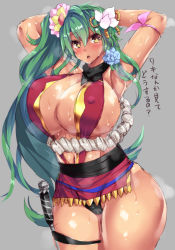 Rule 34 | 1girl, armpits, arms up, bad id, bad pixiv id, black panties, blush, breasts, brown eyes, cleavage, curvy, dark skin, dark-skinned female, covered erect nipples, green hair, grey background, highres, huge breasts, long hair, looking at viewer, navel, open mouth, panties, poko chin, side ponytail, simple background, solo, thick thighs, thighs, translation request, underwear, very long hair, wide hips