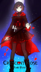 Rule 34 | 1girl, black hair, boots, cape, character name, dress, full moon, gradient hair, grey eyes, light smile, moon, multicolored hair, ochiru, pantyhose, petals, red hair, ruby rose, rwby, short hair, snow, solo, weapon, weapon name