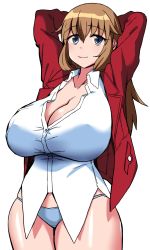 Rule 34 | 1girl, arms behind head, blue eyes, blush, breasts, brown hair, charlotte e. yeager, cleavage, closed mouth, collarbone, highres, huge breasts, jacket, komusou (jinrikisha), long hair, looking at viewer, panties, red jacket, shiny skin, shirt, simple background, smile, solo, standing, strike witches, underwear, upper body, white background, white panties, white shirt, world witches series