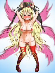 Rule 34 | 1girl, alternate costume, areola slip, armpits, arms up, bikini, blonde hair, blush, boots, breasts, cleavage, covered erect nipples, crescent moon, fangs, female focus, fox tail, gluteal fold, hat, highres, junko (touhou), kuranosuke, large breasts, long hair, looking at viewer, mature female, micro bikini, moon, mouth hold, navel, red bikini, red eyes, red thighhighs, solo, swimsuit, tail, thigh boots, thighhighs, touhou, very long hair