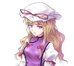 Rule 34 | 1girl, bad id, bad twitter id, blonde hair, bow, dress, hair bow, hair ornament, hat, hat ribbon, long hair, long sleeves, looking at viewer, minust, mob cap, open mouth, portrait, puffy sleeves, purple eyes, ribbon, simple background, smile, solo, tabard, touhou, upper body, white background, white dress, yakumo yukari