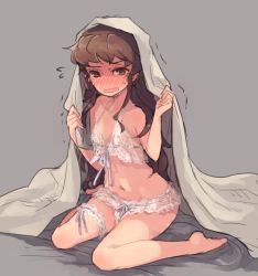Rule 34 | 1girl, barefoot, blush, bra, breasts, brown eyes, brown hair, collarbone, embarrassed, front-tie bra, grey background, isuzu (log horizon), lingerie, log horizon, long hair, looking at viewer, mo (deciliter), open mouth, panties, ribbon, simple background, sitting, small breasts, solo, sweatdrop, thigh strap, under covers, underwear, underwear only, very long hair, wariza, wavy mouth, white bra, white panties, white ribbon
