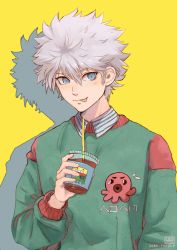 Rule 34 | 1boy, 1o8k, :p, blue eyes, character print, collared shirt, commentary, cup, disposable cup, drinking straw, english commentary, green sweater, hair between eyes, holding, hunter x hunter, ikalgo, killua zoldyck, long sleeves, looking at viewer, male focus, octopus print, print sweater, shadow, shirt, simple background, smile, solo, spiked hair, striped, sweater, tongue, tongue out, upper body, white hair, yellow background