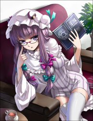 Rule 34 | 1girl, adjusting eyewear, armchair, bad id, bad pixiv id, bespectacled, book, breasts, chair, crescent, cup, glasses, grimoire, hat, hexagram, looking at viewer, medium breasts, patchouli knowledge, plant, plate, potted plant, purple eyes, purple hair, red-framed eyewear, sitting, solo, takemori shintarou, tea, teacup, thighhighs, touhou, white thighhighs, zettai ryouiki