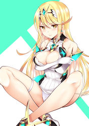 Rule 34 | 1girl, absurdres, bare shoulders, blonde hair, breasts, chest jewel, commentary request, daive, earrings, elbow gloves, gem, gloves, green background, hair between eyes, headpiece, highres, indian style, jewelry, large breasts, legs, long hair, looking at viewer, mythra (xenoblade), nintendo, sitting, solo, two-tone background, white background, white gloves, xenoblade chronicles (series), xenoblade chronicles 2, yellow eyes