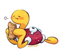 Rule 34 | commentary, creature, creatures (company), eating, english commentary, closed eyes, food, game freak, gen 2 pokemon, holding, holding food, lowres, nintendo, no humans, plum! (plumcea), pokemon, pokemon (creature), sandwich, shuckle, signature, simple background, solo, white background