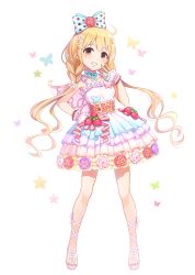Rule 34 | 10s, 1girl, bad id, bad pixiv id, blonde hair, bow, breasts, brown eyes, dress, flower, food, fruit, full body, futaba anzu, hair bow, hair ornament, highres, idolmaster, idolmaster cinderella girls, idolmaster cinderella girls starlight stage, long hair, looking at viewer, low twintails, md5 mismatch, no socks, resolution mismatch, simple background, small breasts, smile, solo, strawberry, twintails, yuuhi (ages)