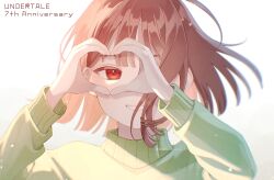 Rule 34 | 1other, ake blood, androgynous, anniversary, artist name, blurry, blurry background, bob cut, brown hair, chara (undertale), close-up, commentary, copyright name, depth of field, floating hair, frisk (undertale), gradient background, green sweater, grin, hair over one eye, hand on own face, hands up, heart, heart hands, heart hands over eye, highres, light particles, long sleeves, messy hair, parted lips, portrait, red eyes, short hair, signature, smile, sweater, twitter username, undertale, white background, wind