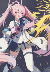 Rule 34 | 1girl, absurdres, blue archive, blush, blush stickers, commentary request, fang, firing, fukujin, gun, hair between eyes, hair ornament, halo, highres, jacket, knee pads, koyuki (blue archive), long hair, looking to the side, machine gun, open mouth, pink eyes, pink hair, school uniform, simple background, solo, thighhighs, uniform, weapon