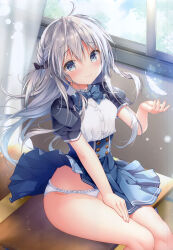 Rule 34 | 1girl, absurdres, ahoge, bare legs, blue bow, blue bowtie, blue eyes, blue skirt, blurry, blurry background, blush, bow, bowtie, breasts, classroom, closed mouth, clothes lift, collared shirt, desk, dress, feathers, hand up, high-waist skirt, highres, indoors, kino (kino konomi), lens flare, light particles, long hair, looking at viewer, non-web source, on desk, original, panties, pantyshot, pleated skirt, puffy short sleeves, puffy sleeves, school desk, school uniform, shirt, short sleeves, sitting, skirt, skirt lift, small breasts, smile, solo, thighs, underbust, underwear, white feathers, white hair, white panties, wind, wind lift, window