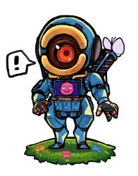 Rule 34 | !, 1boy, apex legends, blue flower, bug, butterfly, chibi, flower, highres, humanoid robot, husagin, insect, looking at viewer, no humans, one-eyed, open hands, pathfinder (apex legends), pink flower, red eyes, robot, science fiction, solo, spoken exclamation mark, standing, white background, yellow flower