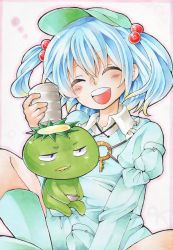 Rule 34 | 1girl, blue hair, cup, closed eyes, hair bobbles, hair ornament, hat, kappa, kawashiro nitori, key, marker (medium), open mouth, ponpoko, short hair, skirt, smile, teacup, touhou, traditional media, twintails, two side up
