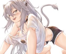 Rule 34 | 1girl, :d, absurdres, animal ears, black choker, black shorts, breasts, butt crack, choker, cleavage, clothes writing, commentary, english commentary, fangs, grey eyes, grey hair, hanging breasts, highres, hololive, honkivampy, large breasts, lion ears, lion girl, lion tail, long hair, looking at viewer, no bra, off-shoulder shirt, off shoulder, open mouth, shirt, shishiro botan, shishiro botan (casual), short shorts, shorts, simple background, smile, solo, tail, virtual youtuber, white background, white shirt