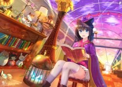 Rule 34 | 1girl, animal ears, bad id, bad pixiv id, black hair, blue eyes, blush, book, bookshelf, cage, cat ears, chinchongcha, globe, hat, highres, indoors, japanese clothes, kimono, long hair, looking at viewer, open book, open mouth, original, pleated skirt, sitting, skirt, solo, thighhighs, wide sleeves
