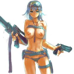 Rule 34 | 1girl, bad id, bad pixiv id, bandages, belt, between breasts, blue hair, breasts, character request, clothes lift, dog tags, goggles, goggles on head, gun, handgun, highres, large breasts, long hair, looking at viewer, nipples, panties, r-type, shirt lift, sketch, solo, striped clothes, striped panties, underwear, uniskie saabunrou, weapon, white background, yellow eyes