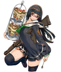 Rule 34 | 1girl, black footwear, black hair, breasts, brown hair, chiaki kurihara, cookie, cup, dessert, drinking glass, expressionless, food, food request, glass container, green neckerchief, gun, gun on back, highres, hime cut, holster, loafers, looking at viewer, medium breasts, miniskirt, miniskirt pirates, neckerchief, red-framed eyewear, sailor collar, school uniform, semi-rimless eyewear, shiny skin, shoes, shoulder holster, skindentation, skirt, solo, spoon, standing, standing on one leg, thighhighs, thighs, under-rim eyewear, wafer stick, weapon, weapon on back, white background, yasuda akira