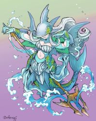 Rule 34 | ancientmermaimon, blue scales, breasts, covered eyes, digimon, digimon (creature), green scales, long hair, mermaid, monster girl, polearm, scales, smile, trident, water, weapon, white hair