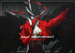 Rule 34 | 10s, 1boy, amamiya ren, arsene (persona 5), arsene (persona 5) (cosplay), black hair, cosplay, hat, looking at viewer, male focus, mask, persona, persona 5, red eyes, short hair, smile, solo