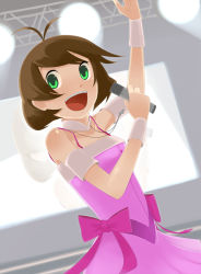 Rule 34 | 00s, 1boy, akizuki ryo, antenna hair, bad id, bad pixiv id, bare shoulders, brown hair, cross, crossdressing, cute &amp; girly (idolmaster), green eyes, highres, idolmaster, idolmaster dearly stars, jewelry, katakura supipi, male focus, microphone, music, necklace, open mouth, short hair, singing, smile, solo, supi (pixiv), trap