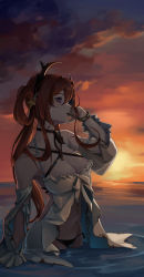 Rule 34 | 1girl, absurdres, arknights, backlighting, bad id, bad pixiv id, bare shoulders, bikini, bikini under clothes, black bikini, black choker, bracelet, breasts, burnt clothes, choker, cleavage, cloud, cloudy sky, collarbone, cowboy shot, cy9, detached sleeves, evening, female focus, hair ornament, hair rings, highres, horizon, horns, jewelry, large breasts, long hair, long sleeves, mouth hold, navel, ocean, official alternate costume, popsicle stick, purple eyes, red hair, side-tie bikini bottom, sky, solo, star (symbol), star hair ornament, sunlight, sunset, surtr (arknights), surtr (colorful wonderland) (arknights), swimsuit, swimsuit under clothes, very long hair, wading, water