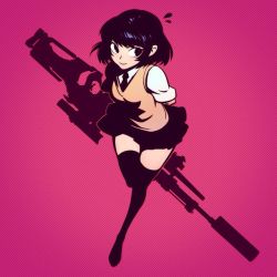 Rule 34 | 1girl, arms behind back, bad id, bad tumblr id, black eyes, black hair, black thighhighs, breasts, character request, gun, ilya kuvshinov, rifle, short hair, short sleeves, silhouette, skirt, small breasts, solo, suppressor, sweater vest, thighhighs, v-neck, weapon