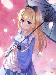 Rule 34 | absurdres, black bow, blonde hair, blue dress, blue eyes, blush, bow, breasts, dress, feet out of frame, frills, hair between eyes, hair bow, highres, holding, holding umbrella, long hair, long sleeves, looking to the side, medium breasts, monmo mu, oil-paper umbrella, original, petals, pink background, smile, standing, umbrella, wide sleeves