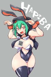 Rule 34 | 1girl, between breasts, breasts, cleavage, curvy, digimon, goggles, goggles around neck, highres, hood, hoodie, large breasts, leotard, playboy bunny, shinomiya rina, solo, thick thighs, thighs, wide hips