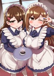 Rule 34 | 2girls, apron, breasts, brown eyes, brown hair, coffee, hair between eyes, hair ornament, hairclip, hand up, highres, holding, holding tray, indoors, large breasts, long sleeves, maid, maid apron, multiple girls, naked apron, one eye closed, original, pantyhose, senshiya, tray, v, waitress, white pantyhose, wrist cuffs