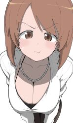 Rule 34 | 1girl, blush, breasts, brown eyes, brown hair, cleavage, closed mouth, collarbone, girls und panzer, henyaan (oreizm), highres, jewelry, large breasts, looking at viewer, necklace, nishizumi miho, pout, shirt, short hair, simple background, solo, white background, white shirt