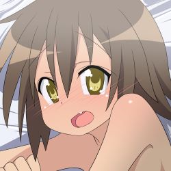 Rule 34 | 00s, 1girl, bed, blush, brown hair, fang, female focus, flat chest, highres, kusakabe misao, looking at viewer, lucky star, lying, mikokoro (konata arctica), no bra, nude, on side, open mouth, short hair, smile, solo, yellow eyes
