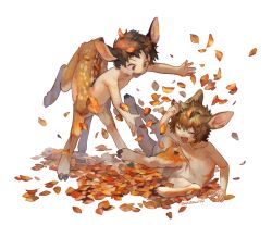 Rule 34 | 2boys, animal ears, autumn leaves, brown fur, brown hair, centauroid, child, commentary, deer ears, hooves, male focus, mullmull02, multiple boys, open mouth, original, playing, short hair, simple background, symbol-only commentary, tail, taur, white background