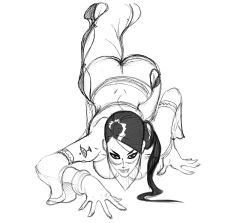 Rule 34 | 1girl, all fours, ass, back, breasts, detached sleeves, greyscale, highres, long hair, mask, midriff, monochrome, monochrome, mouth mask, see-through, seeso2d, side ponytail, narrow waist, solo, tattoo, tekken, zafina, zafina (tekken)